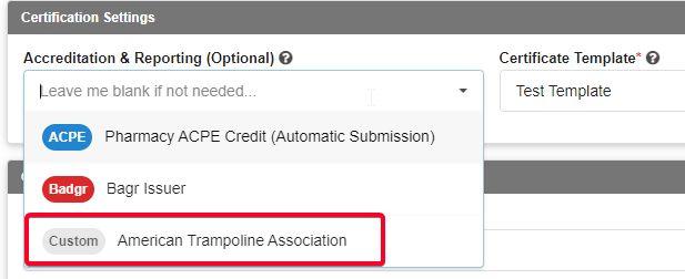 Shows custom accreditation in credit dropdown.