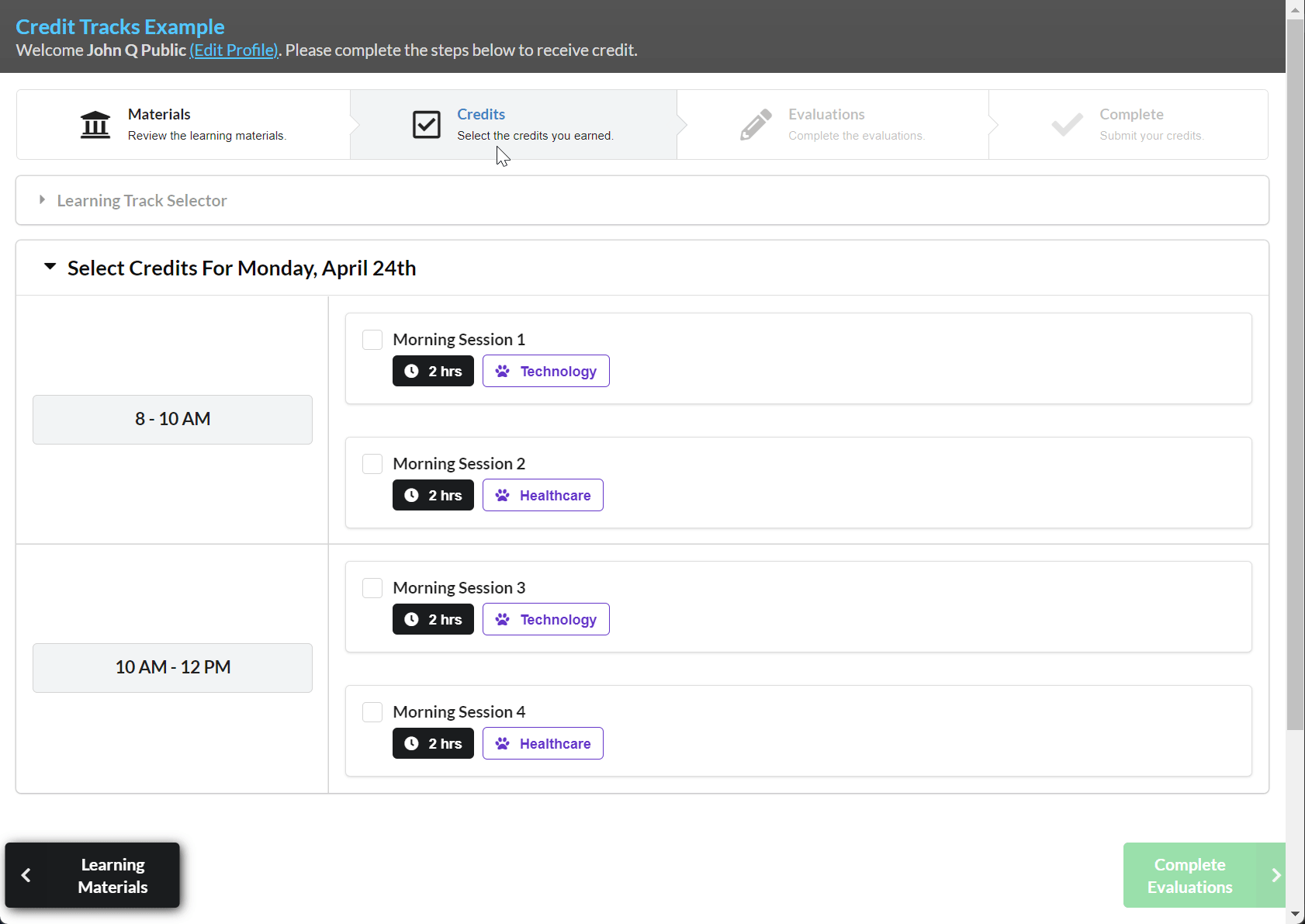 Learning track filters shown in participant profile.