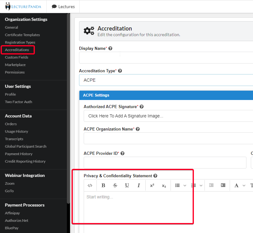 New Field When Editing Your ACPE Accreditation Configuration