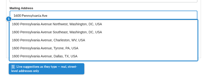 Live address suggestions appear as the registrant types.