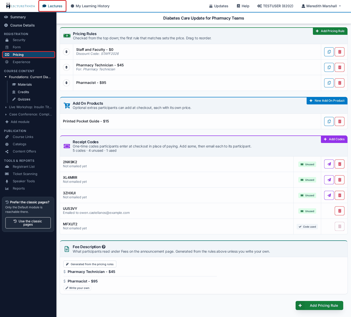Registration › Pricing — rules, add on products, receipt codes and the fee description builder_pricing