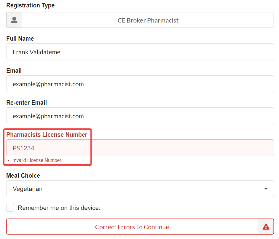 Error message during registration