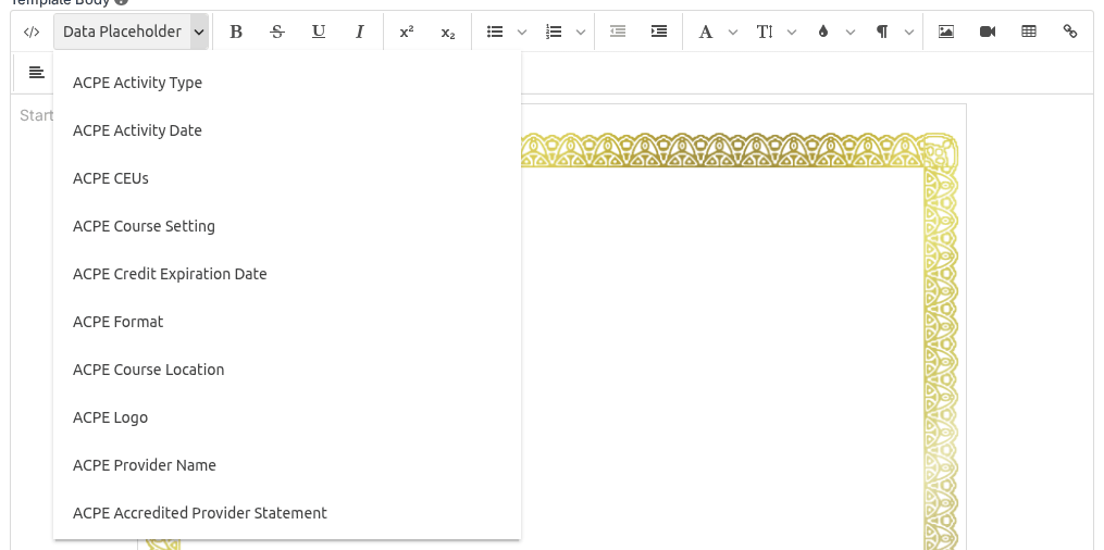 The Data Placeholder menu in the certificate template editor certificate_placeholder_menu