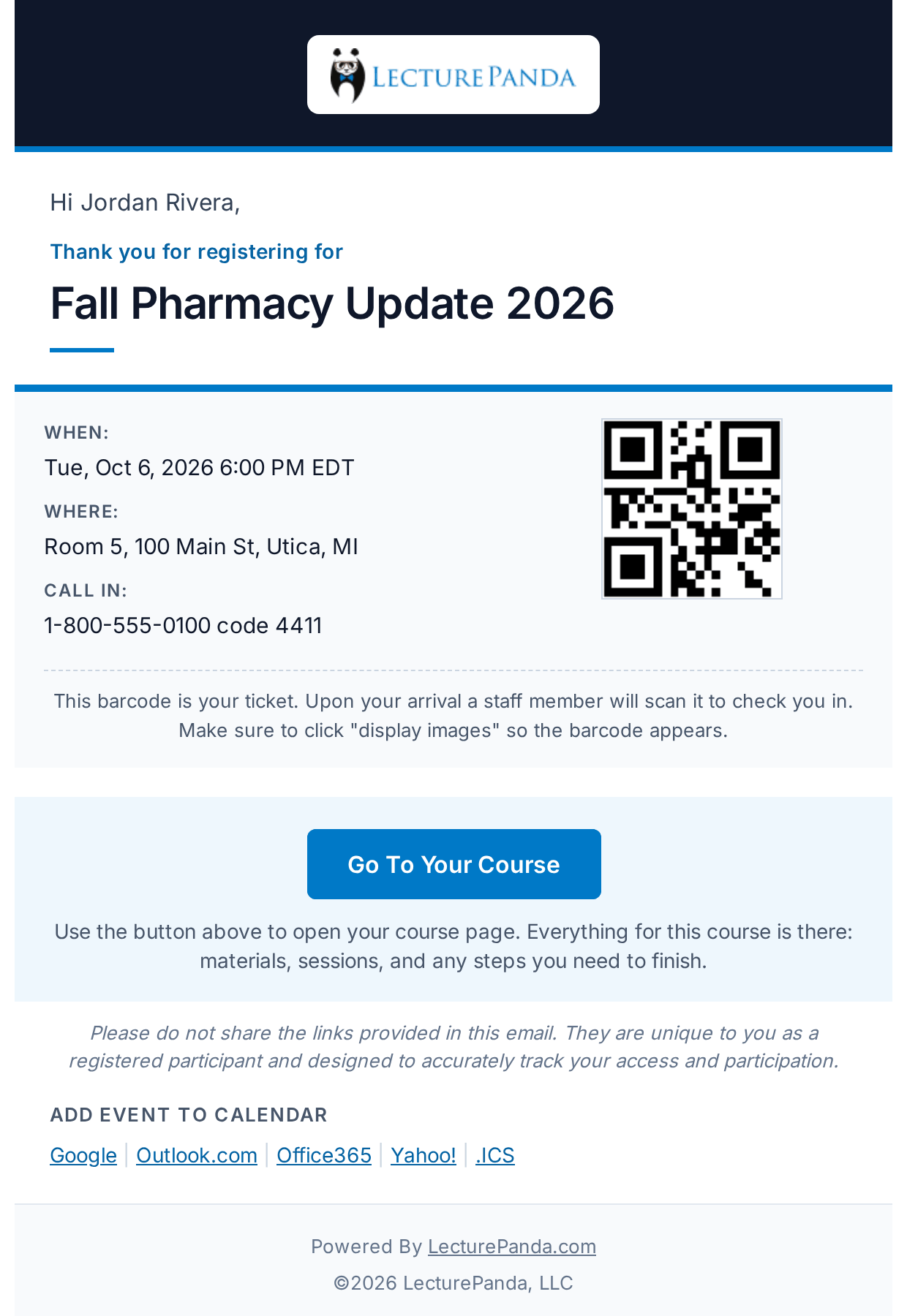 The confirmation email — your ticket, and the one button that opens your course email_confirmation
