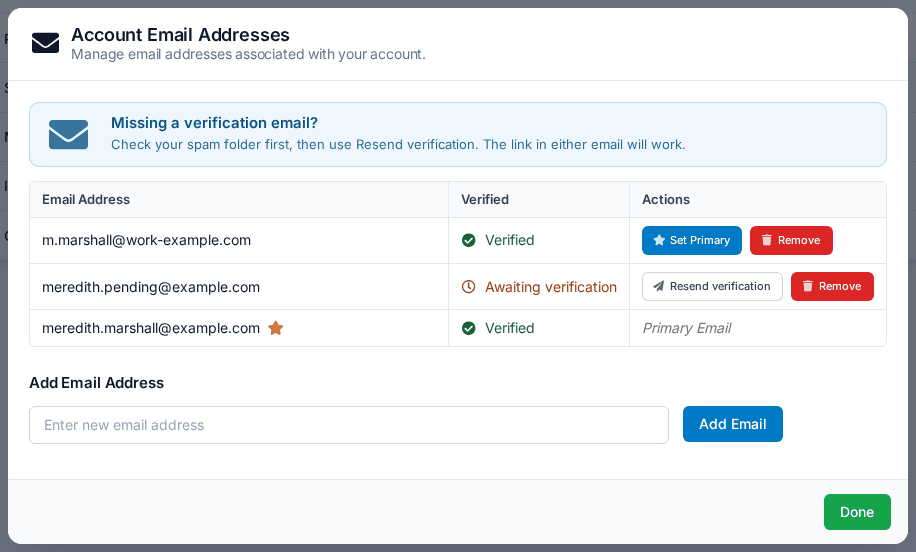 A green check marks a verified address, the star your primary one; an address still awaiting verification gets a Resend verification button learner_account_emails