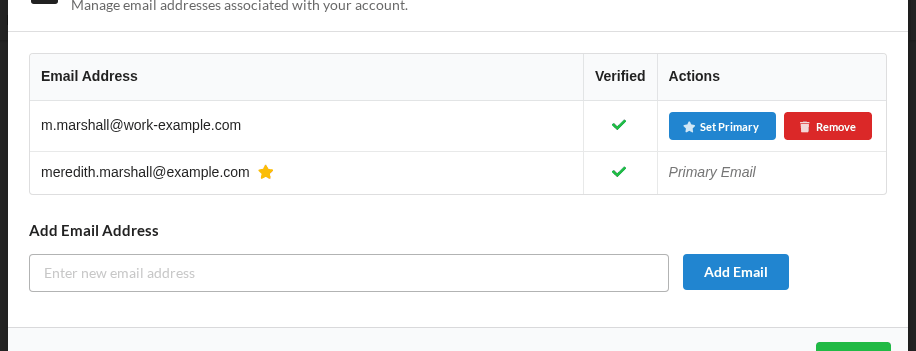 A green check marks a verified address; the star marks your primary one learner_account_emails