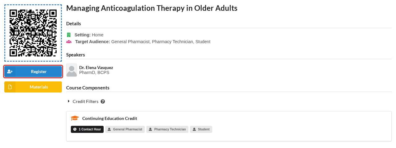 A course page — Register is on the left, and the QR code opens the same page on a phone learner_announcement