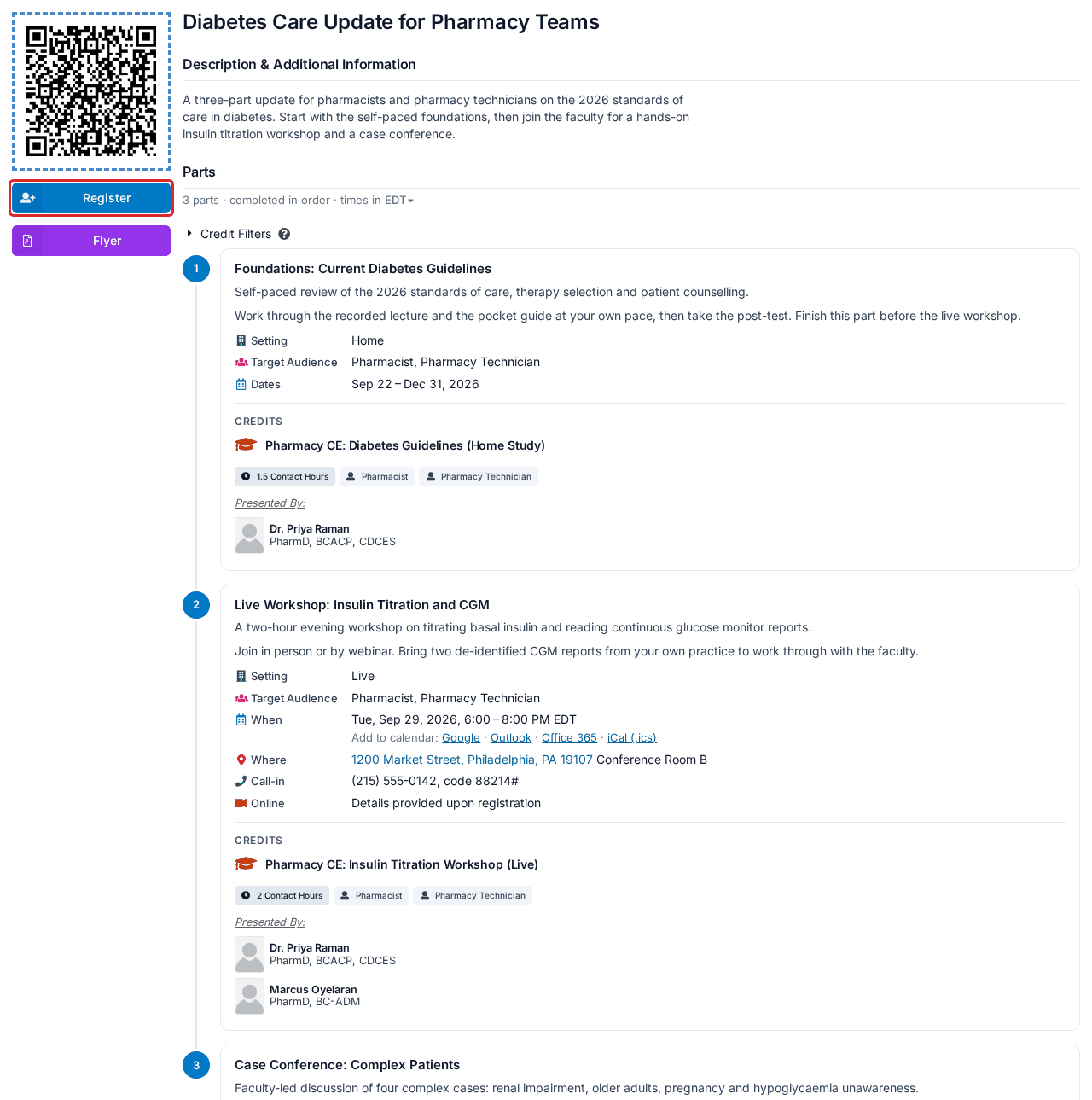 The page for a course with several parts — each part is listed with its dates and credits learner_announcement_parts