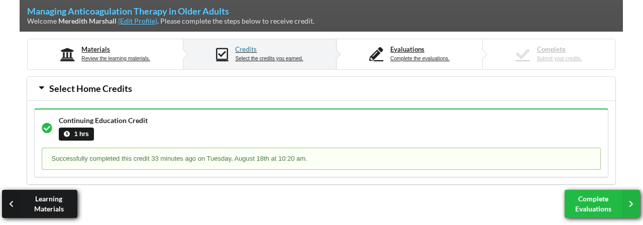 Step 2, with the credit selected and both step buttons at the bottom learner_claim_credits