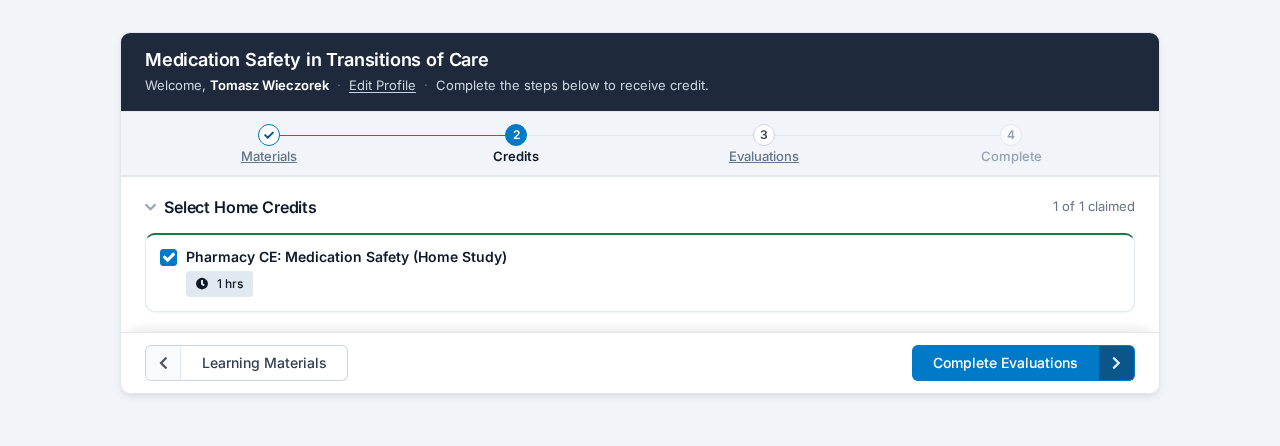 Step 2, with the credit selected and the back and next buttons in the bottom bar learner_claim_credits