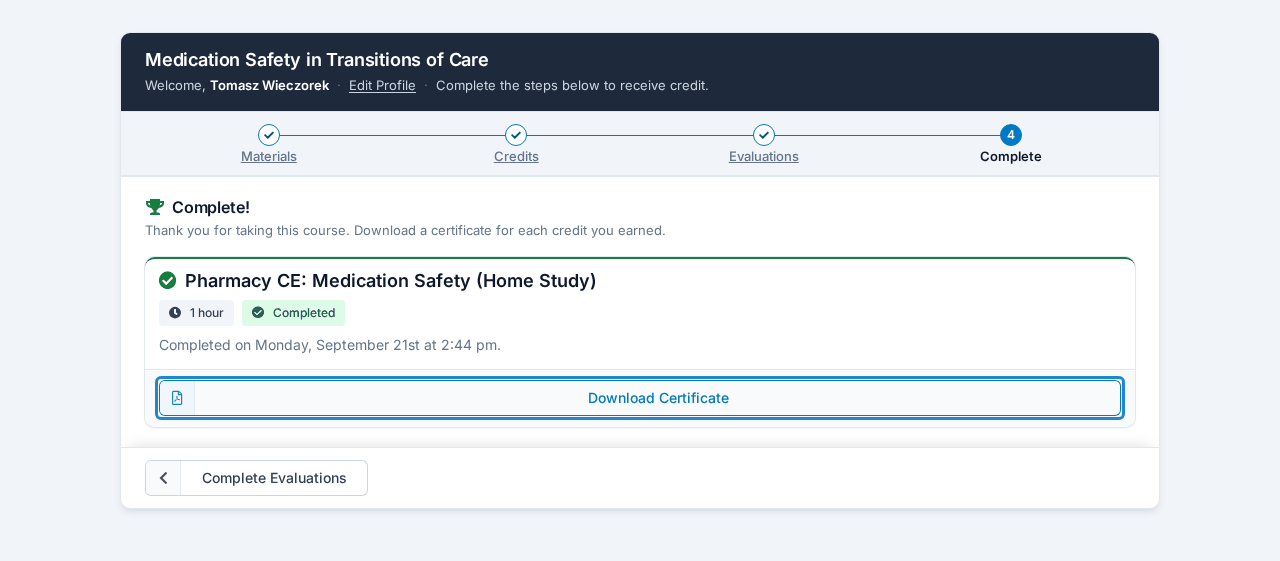 The final step, with a download link for each credit earned learner_completion