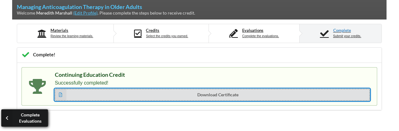 The final step, with a download link for each credit earned learner_completion