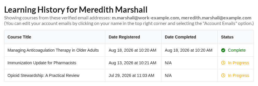 Every course you've registered for, in one list learner_history