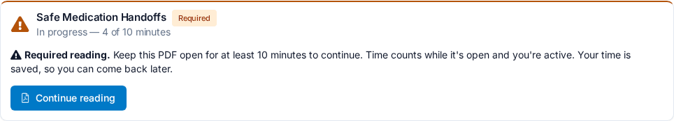 A required Tracked PDF on a learner's course page, in progress at 4 of 10 minutes, with the Required reading note and a Continue reading button.