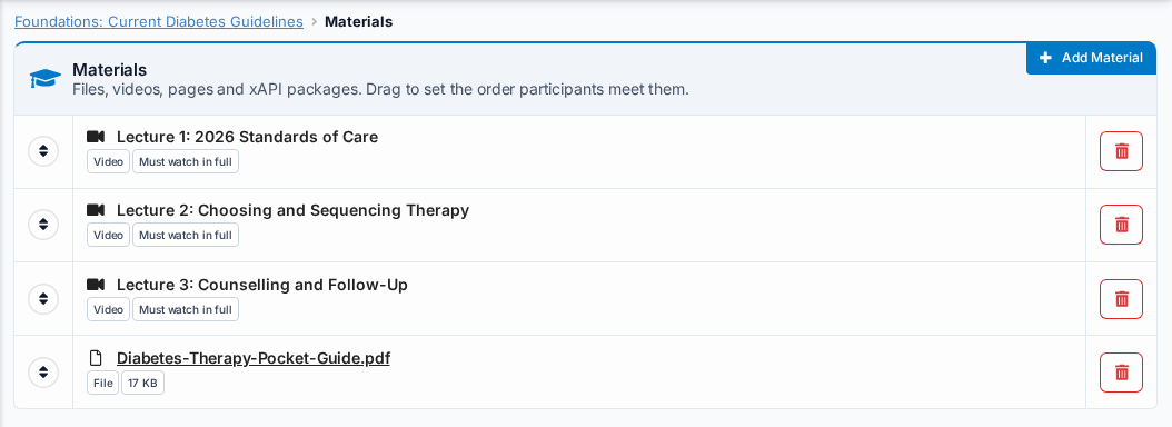 A module's Materials page: three videos and a handout in one list, each row with a drag handle.