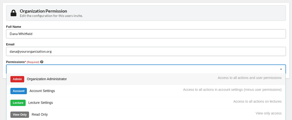 Inviting a user, with the permissions list open permissions_invite_user
