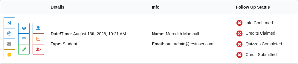 A row in the Registrants list — the filmstrip button is in the middle button group registrants_actions
