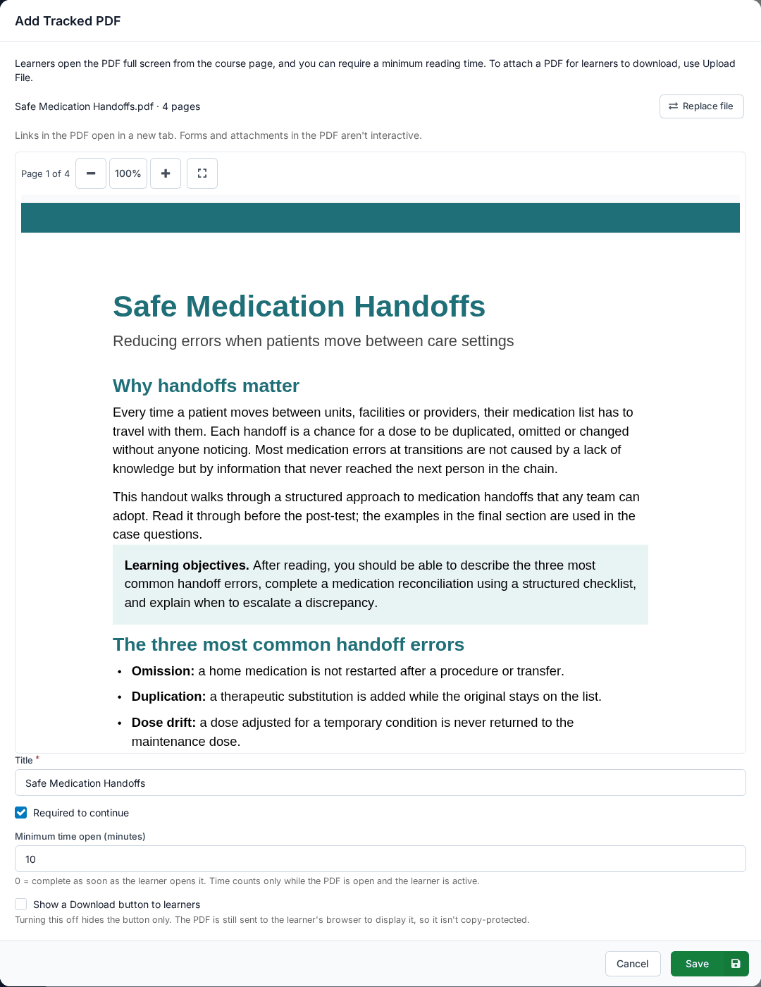The Add Tracked PDF dialog with a 4-page PDF uploaded: the intro line, the first page in the preview, then the Title, Required to continue, a Minimum time open of 10 minutes and Show a Download button to learners settings.