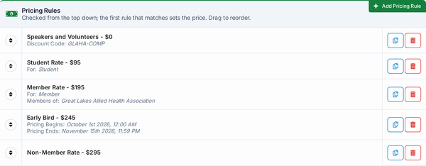 Pricing rules where the member rate checks membership in the association's Neon account