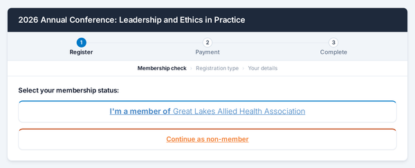 An association conference registration asking for membership status: I'm a member of the association, or continue as non-member