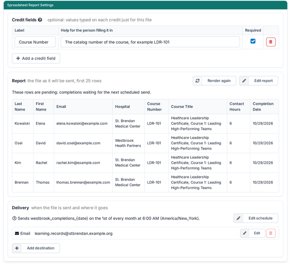 Spreadsheet Report settings: a Course Number credit field, a preview of the pending rows, and a monthly email delivery to a partner hospital