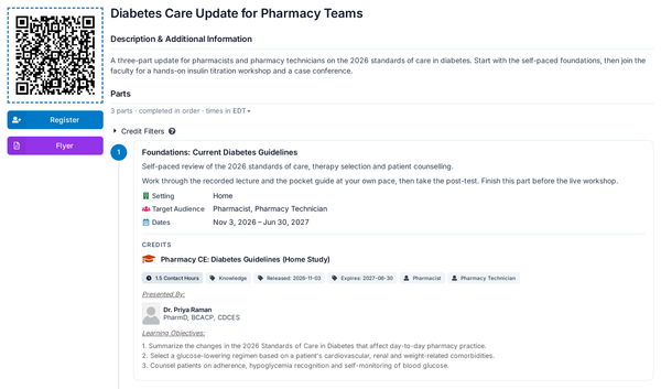 A pharmacy CE announcement showing its setting, target audience, dates, contact hours, presenter and learning objectives
