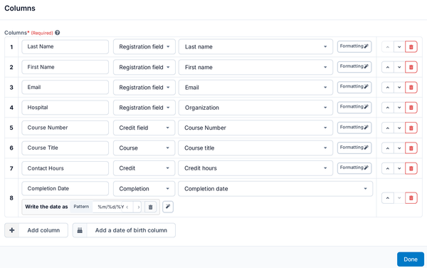 The column builder: each column has a header, a source and formatting steps, such as a date pattern