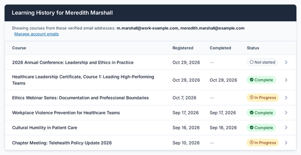 A member's Learning History listing courses, dates and status
