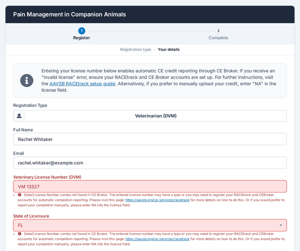 A veterinarian's registration form flagging a license number and state that CE Broker can't find