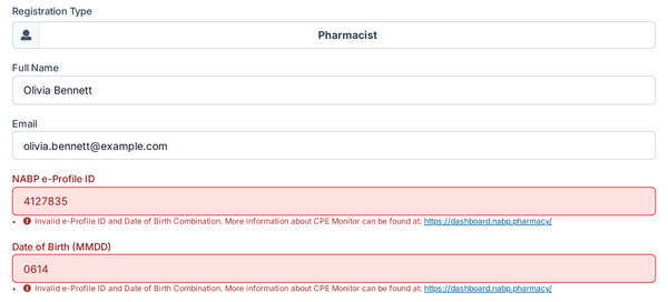 The registration form flagging an NABP e-Profile ID and date of birth that don't match