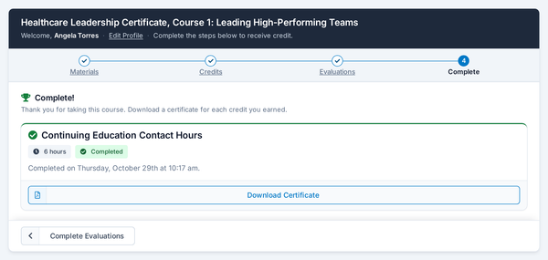 A participant's completed course with a certificate ready to download